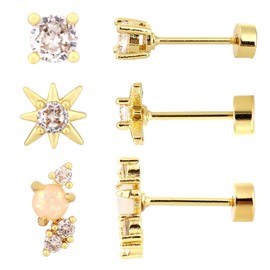 Mikovivi Gold Flat Back Earrings, 3 Styles Golden Filled Cartilage Stud Earrings Stylish Cubic Zirconia Studs Jewelry Gifts Flat Back Earring for Women