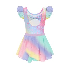 Zaclotre Girl 2 Piece Ballet Outfit Short Sleeve Rainbow Dance Leotard with Chiffon Skirt Size 10-11 Years