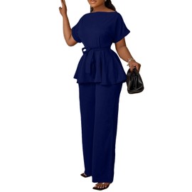 Women's 2 Piece Outfits Suit Set Short Sleeve Peplum Top Flared Pants Sets Business Pantsuits Navy XXL