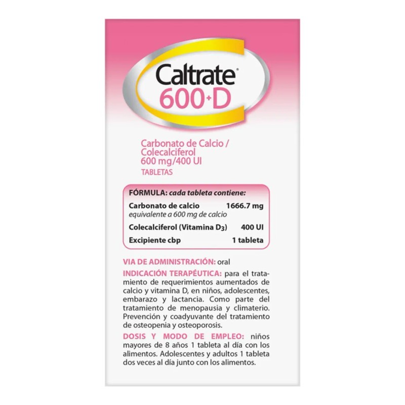 Suplemento Alimenticio Caltrate 600d Calcio Vitamina Tabletas