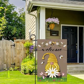 Spring Summer Garden Flag 12x18 Inch Double Sided Welcome Gnome, Butterfly, Bee, Daisy Flower for Outside Yard Decoration Small