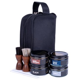 FootFitter Premium Shoe Cream Polish Kit, Carnauba Wax Polish, Shine Cloths, Applicators & Travel Bag for Leather Shoe Care & Touch-Ups (Dark Shades)