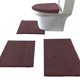 Madeals Chenille Bath Rug Set 4 Piece with Toilet Lid Cover and Rug Set Combo, Soft Shaggy Bath Rug Set 3 Piece and U-Shaped Toilet Floor Rug Coffee