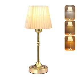Leroxo Cordless LED Metal Table Lamp, Portable Fabric Shade Desk Lamp, 3-Level Brightness, Touch Sensor Control, Rechargeable Bedside/Nursery/Dining Room Lamp (Light Gold)