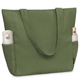 Buringer Corduroy Tote Bag for Women Large Shoulder Bag with Zipper and Pockets for Travel Gym Vacation (Green)