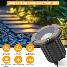 Gardencoin Brass Landscape Well Lights - 12V Waterproof LED Wired In-Ground Outdoor Lighting, Antique Bronze Flat Top Design for Landscaping/Garden/Walkway/Trees Without MR16 Bulb (4 Pack)