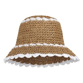 Minache Foldable Wide Brim Colorful Crochet Straw Hat Outdoor Sun Visor Hat UPF 50+ Summer for Women Girl， 07440 Khaki + White