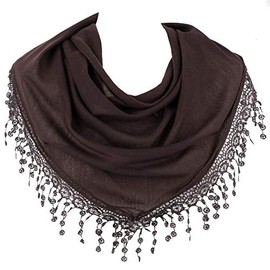 Hat To Socks Triangle Scarf with Bobbin Lace Fringes for Women (Brown)
