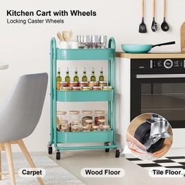 3 Tier Rolling Storage Cart, Metal Trolley Utility Cart with Wheels, Multifunctional Three Tiered Utility Organizer Cart on Wheels for Kitchen, Office, Bathroom, Crafts, Arts, Snack