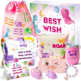 BeYumi Pink Dinosaur Gift for Girls Age 6-8 Birthday Gift Box for 3 4 5 6 7 8 9 10 11 12 Years Old Toddler Girls Basket with Blanket Throw Water Bottle Cosmetic Bag Bracelet for Teens