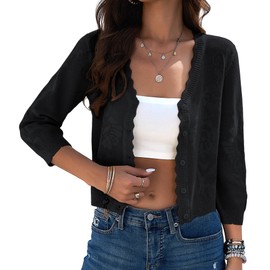 Kate Kasin Crochet Crop Cardigans Sweater for Women Trendy Lightweight 3/4 Sleeve Button Down Knitted Shrugs Top Black XL