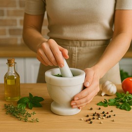 Creative Home Natural Marble Mortar and Pestle Set Spice Grinder Guacamole Molcajete Bowl Kitchen Spices Herbs Pesto Grinder, 4" Diam. x 4" H, Off-White