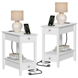 Treocho End Tables Living Room Set of 2, Narrow Side Table with Charging Station, White Sofa Bedside Table for Small Spaces, Living Room, Bedroom