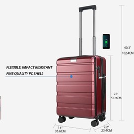 KROSER Carry On Luggage with Spinner Wheels & Built-in TSA Lock, Expandable Top Loading Hard Shell Suitcase Large Capacity Durable Rolling Luggage with USB Port, Carry-On 20-Inch, Burgundy