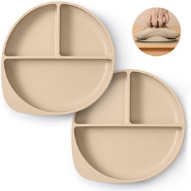 WiLLBEttER Silicone Baby Feeding Set Plates and Utensils Set for Toddlers Infant Kids,forks and spoons baby plates with suction,baby spoons self feeding 6 months (2, Beige)