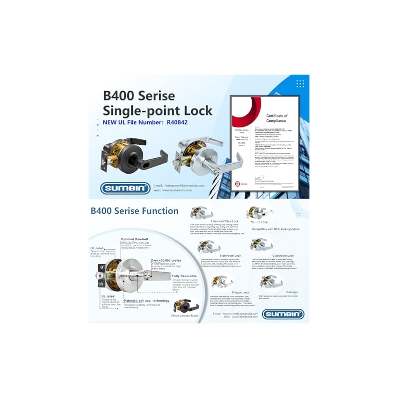 SUMBIN Grade 2 Commercial Heavy Duty Entry Door Lever Lockset,