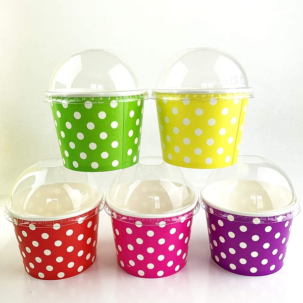 Worlds Paper Ice Cream Cups With Dome Lids No Hole And Plastic Spoons,Polka Dot 12oz Mix 25 Set