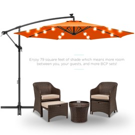 Best Choice Products 10ft Solar LED Offset Hanging Market Patio Umbrella for Backyard, Poolside, Lawn and Garden w/Easy Tilt Adjustment, Polyester Shade, 8 Ribs - Orange
