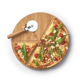 Zeller 25177 Pizza Set, 2 Pieces, Bamboo/Metal, Approx. Diameter 32 x 1.5 cm, Set of Chopping Board and Pizza Cutter, Cut-resistant Pizza Board with 6 Compartments for Evenly Large Pieces, Wooden