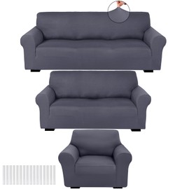 Peryiter 3 Pcs Slipcover Set for Couch Furniture Covers for Sofa Loveseat Couch Arm Chair, Form Fit Stretch, Wrinkle Free, Furniture Protector(Dark Gray,Milk Silk Spandex)