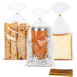 Lhocm Cellophane Treat Gift Bags: 100 Pcs 7x13 Inch Plastic Clear Candy Goodie Bags, Clear Cookie Bag with Gold Twist Ties for Wedding Gift Wrapping Packaging Dessert Bakery Popcorn Party Favor