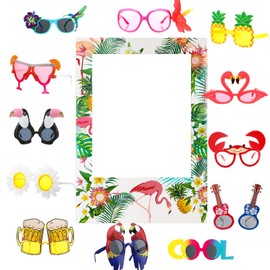 Relaxweex 13 Pcs Luau Photo Booth Props Hawaiian Party Decorations, 12 Pairs Beach Themed Funny Hawaiian Glasses, 1 PC Summer Flamingo Photo Frame, Tropical Fancy Dress Props Supplies Party Favors