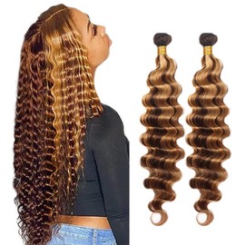 Highlight Human Hair Bundle Blonde Deep Wave Bundle Human Hair Weave Mixed Length 2 Bundles 24 24 Inch Peruvian Hair 2 Tone Brown and Honey Blonde Bundle Human Hair Extensions