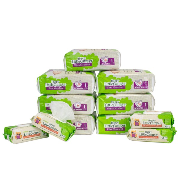 Happy Little Camper Natural Diapers, Size 1 (<14 lbs) - Disposable Cotton Baby Diapers with Aloe, Ultra-Absorbent, Hypoallergenic and Fragrance Free for Sensitive Skin (252) with Cotton Wipes (288)