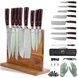 FULLHI 15pcs Japanese Knife Set with Magnetic Knife Block Holder, Premium German Stainless Steel Kitchen Knife Set