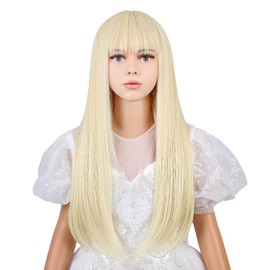 WAVELNM Light Blonde Wig for Kids Child Blonde Wig with Bangs Girls Golden Blonde Long Straight Wig Synthetic Wigs with Wig Cap