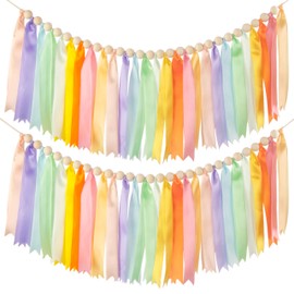 2 Packs Pastel Rainbow Ribbon Garland, Colorful Hanging Banner for Back to School Classroom Decoration, Wall Hanging for Nursery, Handmade Banner Decor for Baby Shower Party Birthday