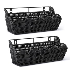 2 Pack Adhesive Plastic Wicker Hanging Storage Basket Scalloped Edge,Black