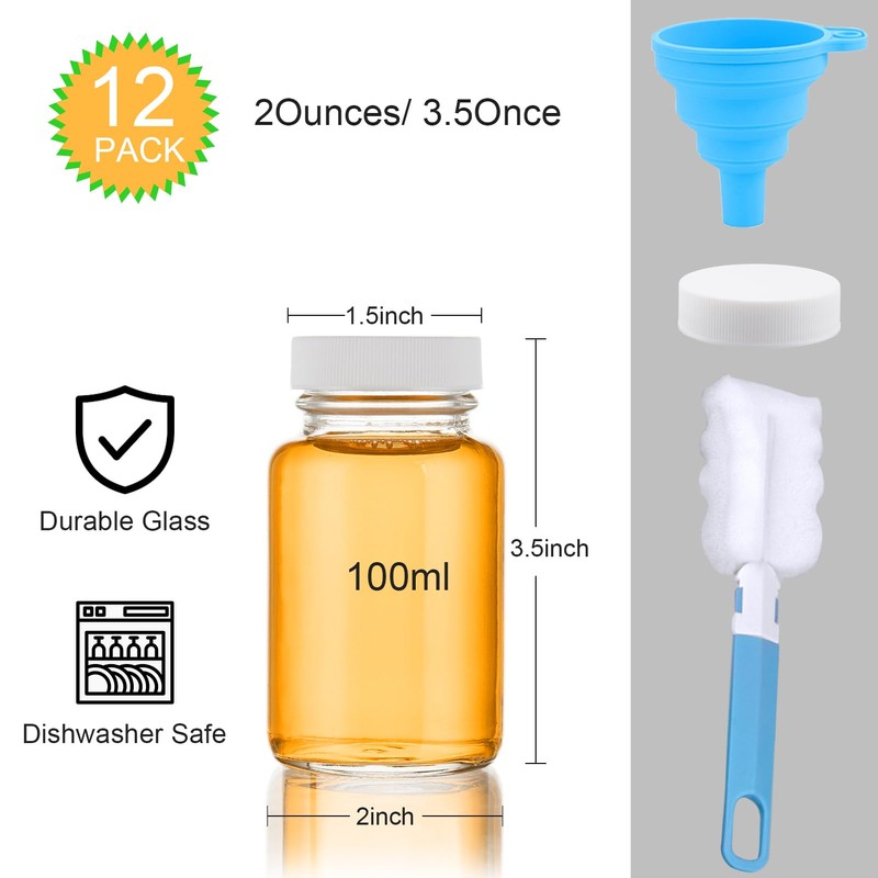 LOVLLE Glass Juice Shot Bottles with Caps 12 Pack 3.5oz