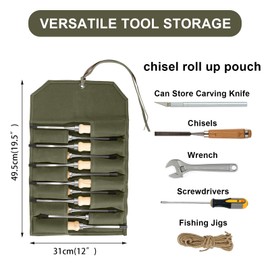 Chisel Roll,12 Pockets Roll Up Tool Pouch,Waxed Canvas Small Tool Roll Organizer and Wrench Roll Up Pouch,Store Chisel,Wrench,Pliers,Carving Knife,Best Gifts Bag for Carpenter (Army Green)
