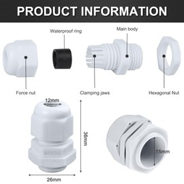 Ezydka 20 Pack Cable Glands M20 20mm Waterproof Cable Gland IP68 Cable Gland Nylon Outdoor Cable Gland, Suitable for 6mm - 12mm Cables, White