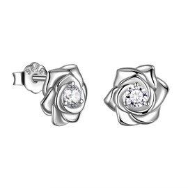 Cute Rose Stud Earrings Simulated Diamond Flower Earrings Stud for Wedding Engagement Bridesmaid Gift 925Sterling Silver Rose Flower Earrings Stud Elegant Jewelry for Women Girls Valentind Day FE0142W