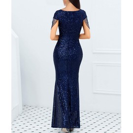 Women's V Neck Short Sleeve Sequin Bridesmaid Dress Gown Evening Party Dress (Blue, S)