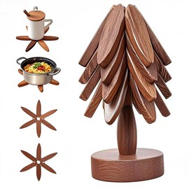 Wooden Tree Coasters with Holder, Wooden Trivets for Hot Pots and Pans Decorative Christmas Tree Shape Includes 4 Pcs Hot Plate Mats + 1 Stand Desktop Decoration and Gift (Walnut Wood)