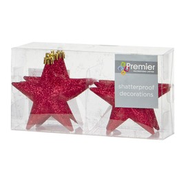 Shatterproof Christmas Stars 6 Pack 100mm Premier Christmas Tree Decoration, glitter Star Baubles (Red 6082)