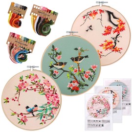 Embroidery Kit for Beginners, Set of Embroidery Starter Kits, Cross Stitch Kits with Flower & Bird Pattern and Instructions, Embroidery Cloth, Embroidery Hoops, Color Threads and Tool (Style A)