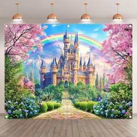 Luminora 8x6ft Pink Floral Castle Backdrop Princess Fairy Tale Sakura Rainbow Background Spring Forest Birthday Wedding Wonderland Party Decoration Photo Banner
