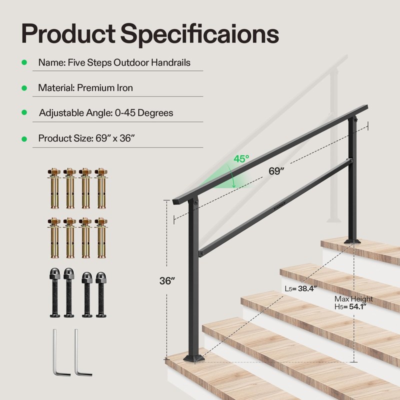 VIVOSUN Outdoor Handrail, 5 Step Stair Handrai, 69" x 36"