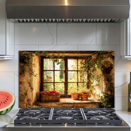 Rustic Kitchen Wall Decal, Faux Cottage Window View Wall Sticker with Garden Plants and Fruit Basket, Farmhouse Kitchen Wall Decor for Dining Roomor Coffee Corner, 35.5 x 23.6 Inches (Dark Brown)