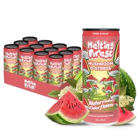 Melting Forest Mushroom D-Stress, Sparkling Adaptogen Drink with L-Theanine, Lion's Mane and Vitamin B, Zero Sugar, 5 Calories, Watermelon Elderflower (12-Pack)