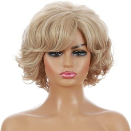 AIYLMZ Women's Blonde Short Curly Side Part Wigs Layered Wigs Fluffy Natural Curly Full Wigs for Women Short Layer Pony Hair (Mixed Gold)