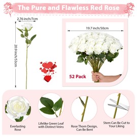 Fanfantoey White Roses Artificial Flowers Bulk, 52Pcs Fake Roses Flower Arrangement, DIY Silk Flowers Roses Bouquet, Realistic Faux Artificial Roses for Mother's Day Home Table Decor