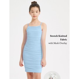 EXARUS Girls Bodycon Dress Spaghetti Strap Party Dance Tight Ruched Mesh Sleeveless Short Pencil Dresses Light Blue 10 Years