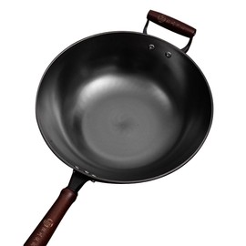 Lnvrdae 14inch Cast Iron Flat-bottom Wok, Traditional Chinese Cooking Pan, Saute Stir-Fry Cookware with Wooden Handle, Physical Non Stick, Use on Induction, Electric, Gas, Open Fire,BBQ,Grill &Camping