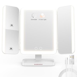 EASEHOLD 5000mAh Rechargable Makeup Mirror, Lighted Vanity Mirror with 116 LEDs, 1X/2X/3X 10X Magnifying, 3-Color Mirror with LED Lights,Portable Cosmetic Mirror, Adjustable Brightness/Angle White Decor - Color: White
