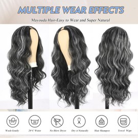 Mayouda Body Wavy V Part Wig Long Water Curly Wavy Wig For Black Women Synthetic Hair Replacement Wigs Full Head Clip In Hair 24Inch Black With Grey Glueless Synthetic Wigs (Black With Grey)